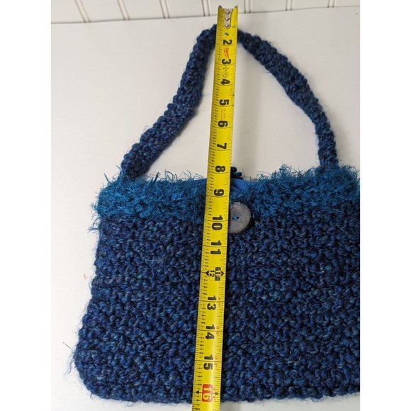 Vintage  Crochet Knitted‎  Blue Shoulder Bag Handmade Button One Strap - Picture 7 of 7